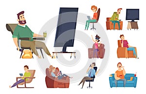 Sedentary characters. Lazy lifestyle people sitting reading chatting in smartphone watching tv unhealthy person with photo