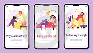 Sedentary lazy lifestyle concept for onboarding page, flat vector illustration.