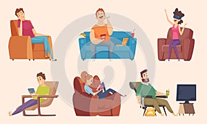 Sedentary lifestyle. Man and woman sitting relaxing eating food lazy working fat unhealthy characters watching tv vector photo