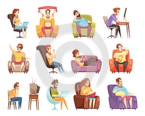 Sedentary Lifestyle Retro Cartoon Icons Set