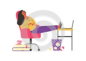 Sedentary lifestyle woman falling asleep flat vector illustration isolated.