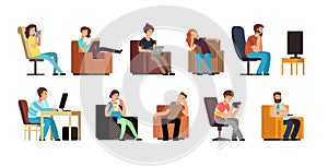 Sedentary man and woman on couch watching tv, phone, reading. Lazy lifestyle cartoon vector characters isolated photo