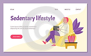 Sedentary unhealthy lifestyle web interface template flat vector illustration.