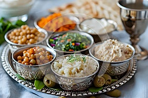 Seder dinner table with decorations, wine and food. Traditional Jewish kosher meals