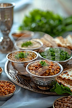 Seder dinner table with decorations, wine and food. Traditional Jewish kosher meals