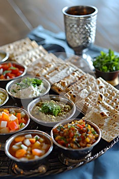 Seder dinner table with decorations, wine and food. Traditional Jewish kosher meals