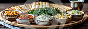 Seder dinner table with decorations, wine and food. Traditional Jewish kosher meals