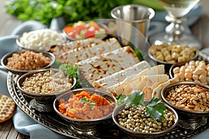 Seder dinner table with decorations, wine and food. Traditional Jewish kosher meals