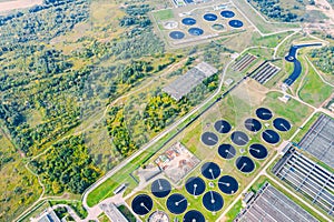 Sedimentation tanks of city wastewater treatment plant. aerial photo