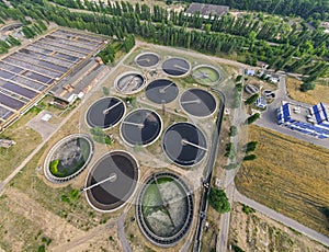 Sedimentation tanks in a sewage treatment plant, Aerial view