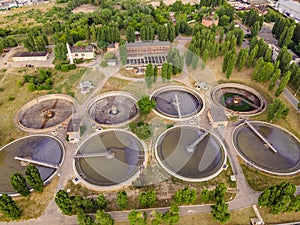 Sedimentation tanks in a sewage treatment plant, Aerial view