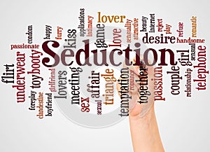 Seduction word cloud and hand with marker concept