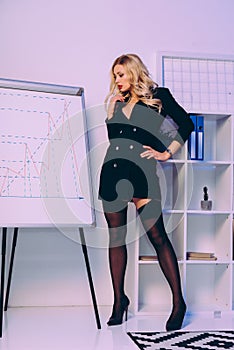 seductive businesswoman standing in jacket and stockings