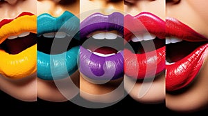 Seductive and colorful lipstick colors. Lip care and coloring. Lipstick sexiness.