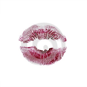 seductive imprint of red lipstick trace on white isolated background