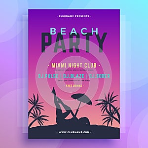 Seductive naked woman body raising leg umbrella on beach neon summer party poster template vector