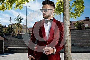 Seductive young elegant man wearing red velvet tuxedo