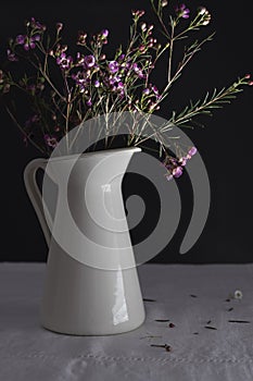 White vase with flowers and black background. photo