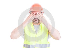 See no evil concept with attractive male constructor