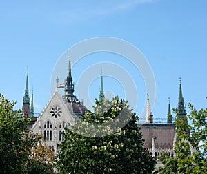 See the roofline and spires of  the Parliament building in Budapest, Hungary.