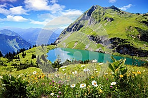 Seealpsee a high mountain lake in the Bavarian Alps, Germany, Eu photo
