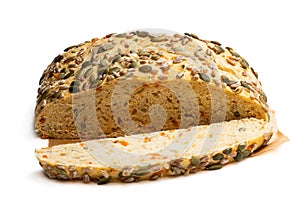 Seed covered carrot bread bloomer loaf isolated on a white