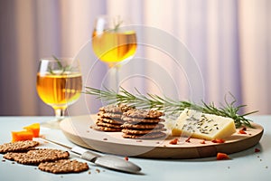 seed crackers with slices of cheese, wine glass backdrop