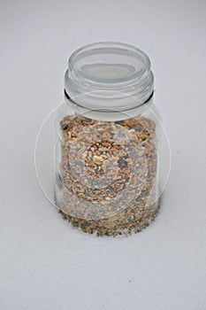 A seed filled jar on a layer of snow