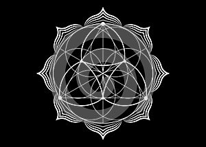 Seed Flower of life lotus icon, yantra mandala sacred geometry, tattoo symbol of harmony and balance. Mystical talisman, white