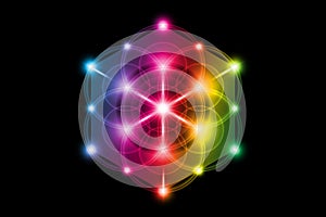 Seed of life, Sacred Geometry, Flower of Life, Metatrons Cube colorful gradient light logo Symbol of Harmony and Balance, Glowing photo