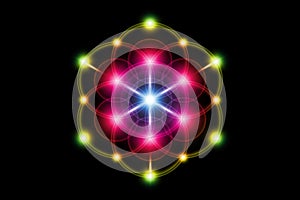 Seed of life, Sacred Geometry, Flower of Life, Metatrons Cube colorful gradient light logo Symbol of Harmony and Balance, Glowing photo