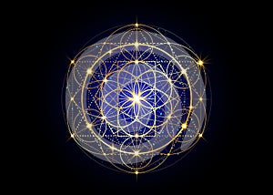Seed of life symbol Sacred Geometry. Geometric mystic mandala of alchemy esoteric Flower of Life. Gold luxury design, vector sign