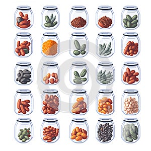 seed, mung bean, soy bean in bottle isolated over white, clipart, graphic design