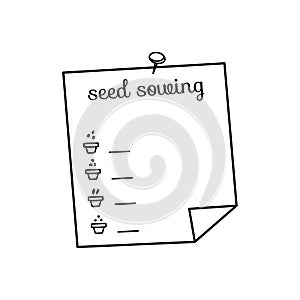 Seed sowing. text. Gardener`s diary. Vector isolated hand drawn sketches to check your to do list