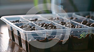 Seed starter tray with planted seeds in moist soil, close-up view