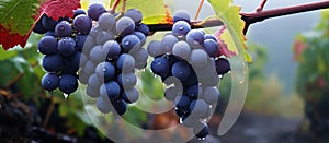 Seedless grapes on vine with water drops, a natural food from grapevine family