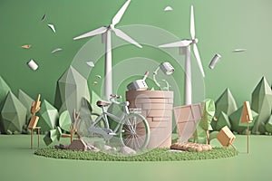 Seedling around by solar panels,wind turbine,recycle bin,bicycle,ecology icons,World environment day
