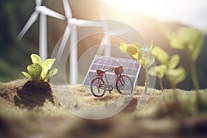 Seedling around by solar panels,wind turbine,recycle bin,bicycle,ecology icons,World environment day