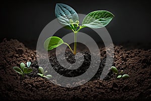 Seedling are growing from the rich soil. Concept of business growth, profit, development and success Generative AI