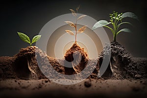 Seedling are growing from the rich soil. Concept of business growth, profit, development and success Generative AI