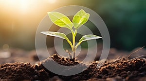 Seedling are growing from the rich soil. Concept of business growth, profit, development and success. Generative AI