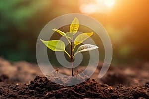 Seedling are growing from the rich soil. Concept of business growth, profit, development and success. Generative AI