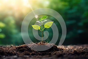 Seedling are growing from the rich soil. Concept of business growth, profit, development and success. Generative AI