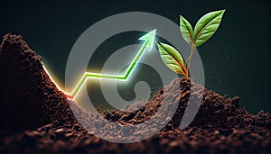 Seedling growing rich soil gital arrow graph Concept business growth profit development success startup progress financial