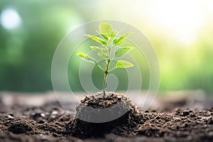 The seedling are growing from the rich soil to the morning sunlight. Planting tree, environment, background.