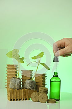 Seedling root system activator in a green glass bottle, a cucumber plant and a pipette in a hand. Fertilizer for photo