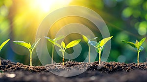 Seedlings grow from fertile soil ground under rays of bright morning sun, ecological concept. Panoramic eco banner, copy space