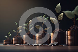 Seedlings Are Growing On The Coins Stack With Concept Of Business Growth Profit And Development To Succeed. Generative