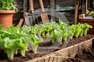 Seedlings of lettuce with gardening tools outside the potting shed