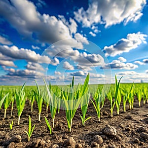 Seedlings of young shoots on field in spring. Green wheat sprouts on field against sky and clouds. Slow motion. Concept of life, photo